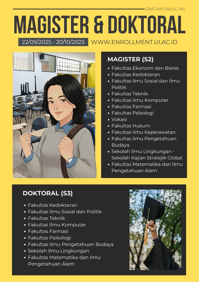 SIMAK_UI's tweet image. Pendaftaran SIMAK UI Pascasarjana (Profesi, Spesialis, S2, S3) telah dibuka! 🎓

Swipe lebih lanjut untuk melihat pilihan jurusan, jadwal penting, dan panduan pendaftaran. Yuk langsung daftar di enrollment.ui.ac.id🧑‍💻

Pendaftaran: 22 September-20 Oktober
Ujian CBT: 2 November