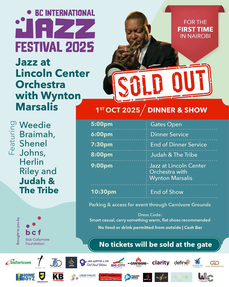 The 01st October Dinner &amp; Show tickets are officially sold out but don’t worry we still have limited Fan Show tickets! 

Head over to mookh.com and secure your ticket today! 

We cannot wait to host all of you!! 

#BCJazzLounge #JazzForGood #WyntonMarsalisinNairobi