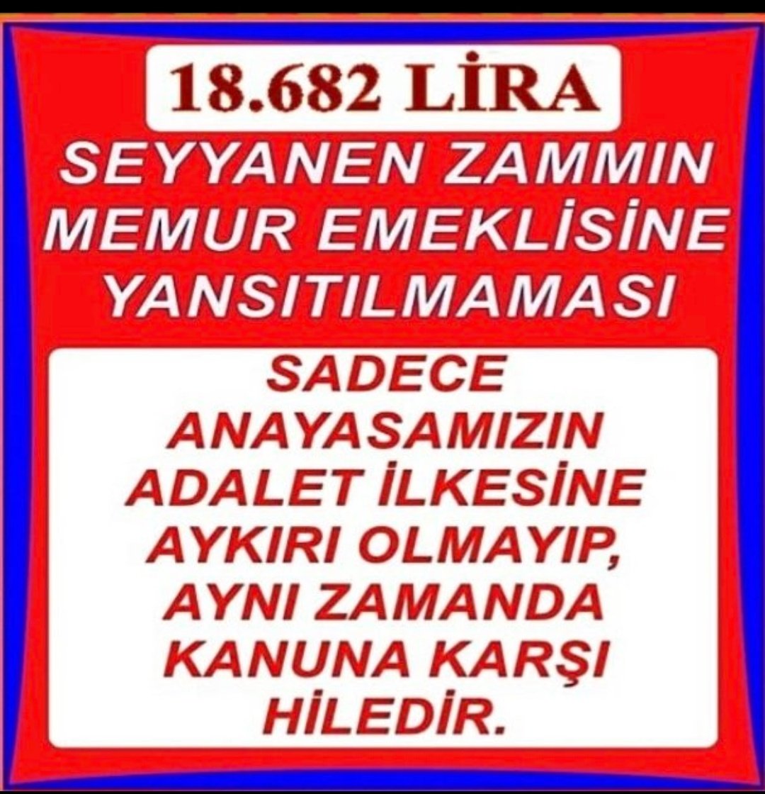 #ekonomi iyi yalanlarına devam❗
Sefalete düşürdüğünüz
#EmekliMemur
Olarak tek #gündem imiz yasaya aykırı KHK yla el koyduğunuz SEYYANEN ZAM HAKKIMIZ‼️
29 aydır  #MemurEmeklisineAdalet 
İstiyoruz
<a href="/RTErdogan/">Recep Tayyip Erdoğan</a> 
<a href="/Akparti/">AK Parti</a> <a href="/iletisim/">T.C. İletişim Başkanlığı</a> 
<a href="/memetsimsek/">Mehmet Simsek</a>
<a href="/cemkucuk55/">Cem Küçük</a> 
<a href="/zafersahin06/">Zafer Şahin</a>
<a href="/MHP_Bilgi/">MHP</a>