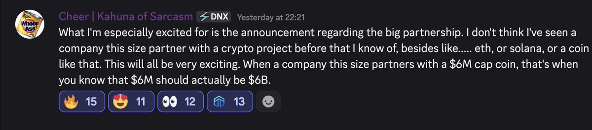Today is the big announcement day for $DNX 🚀

Even our own team member Cheer said it best yesterday:

“When a company this size partners with a $6M cap coin, that’s when you know that $6M should actually be $6B.”

(I just hope no NDA was broken there lol 😅)

This is why I