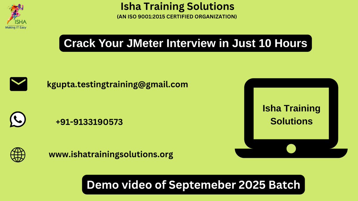 IshaKumargupta's tweet image. JMeter Interview in Just 10 Hours-Live Training Demo Video
youtu.be/DS9Fly6HTv0
Regular sessions will start:
30th Sept @ 9 PM (IST)/30th Sept @ 11:30 AM(EST)
Price:4,900 INR/65 USD
pls call/WhatsApp @ +91-9133190573/8977922427
#PerformanceTesting #LoadTesting #StressTesting