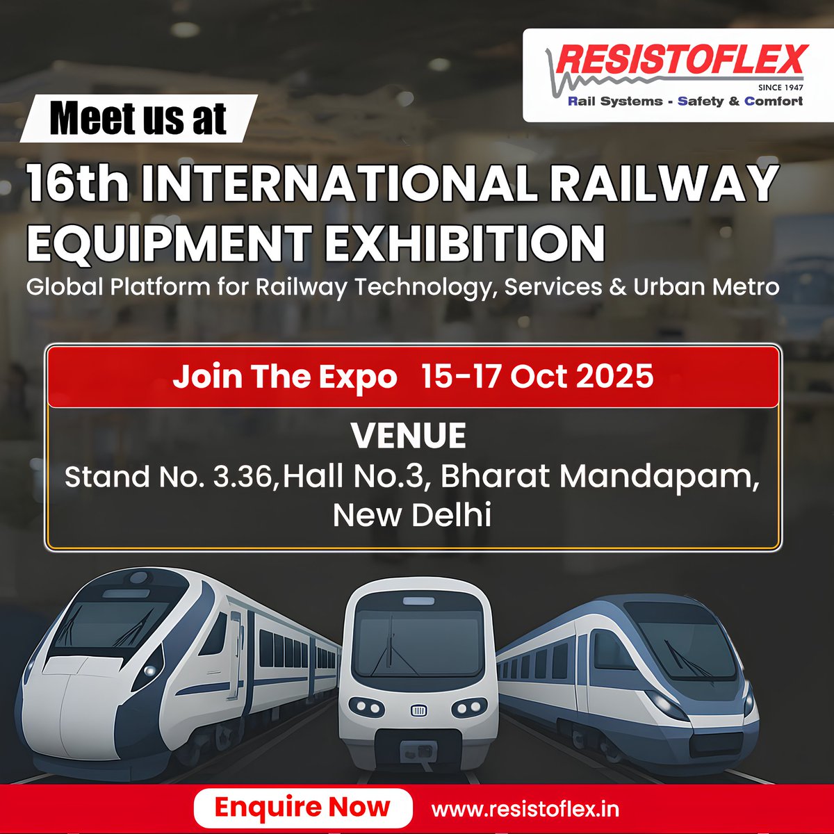 resistoflex's tweet image. 16th International Railway Equipment Exhibition (IREE 2025).

📍 Venue: Bharat Mandapam, New Delhi
🗓️ Dates: 15–17 October 2025
📌 Stand No.: 3.36, Hall No. 3

For more Info Connect with us:
📧 Email: sales@resistoflex.in

#IREE2025 #RailwayExhibition #RailwayTechnology