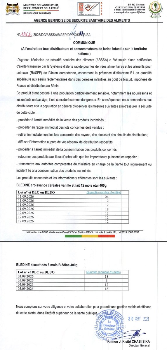 gouvbenin's tweet photo. #Gouvbenin | #Wasexo | #AgricultureBenin | #SanteBenin | #AlerteSanitaire |

🚨🔊 Alerte sanitaire : L’ABSSA met en garde contre un produit alimentaire dangereux pour enfants

L’Agence Béninoise de Sécurité Sanitaire des Aliments (ABSSA) a été saisie d'une notification d'alerte transmise par le Système d'alerte rapide pour les denrées alimentaires et les aliments pour animaux (RASFF) de l'Union Européenne, concernant la présence d'aflatoxine B1 en quantité supérieure aux seuils réglementaires dans des céréales infantiles au goût de biscuit, importées de France et distribuées au Bénin. 

🌐 Lire l’intégralité du communiqué de presse pour plus de détails => https://t.co/Q0XmrCOvhA