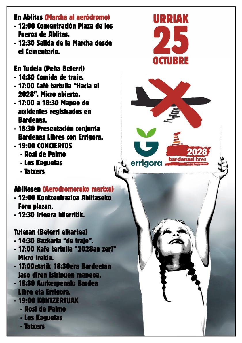 💪🏾El 25 de octubre venimos a cambiarlo todo
Desmilitarización del territorio y soberanía alimentaria son la misma lucha.
El 25 de octubre nos vemos en una jornada entre Ablitas y Tudela contra la renovación del polígono de tiro de Bardenas en 2028, y en defensa del territorio.