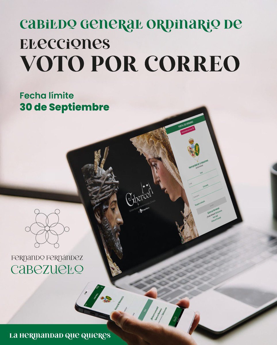 📢 ¡Hoy es el último día para comprobar/actualizar tus datos en el censo!
#VotaPorCorreo 📩🗳️

✅ Asegúrate de que tus datos estén actualizados en el Portal del Hermano antes de solicitar el voto por correo.
👉🏻 Si vives fuera de Sevilla y te es imposible desplazarte para ejercer