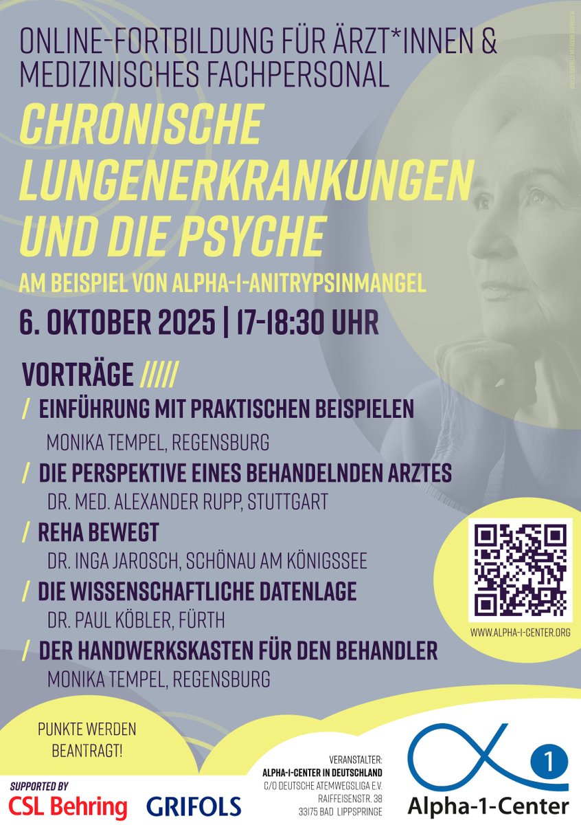 Die Alpha-1-Center laden ein zur CME-zertifizierten Online-Fortbildung für Ärztinnen und Ärzte zum Thema "Chronische #Lungenerkrankungen und die #Psyche" am 6. Oktober 2025, 17.00 - 18.30 Uhr. Die Teilnahme ist kostenfrei, Anmeldung erforderlich unter t1p.de/fcxk6