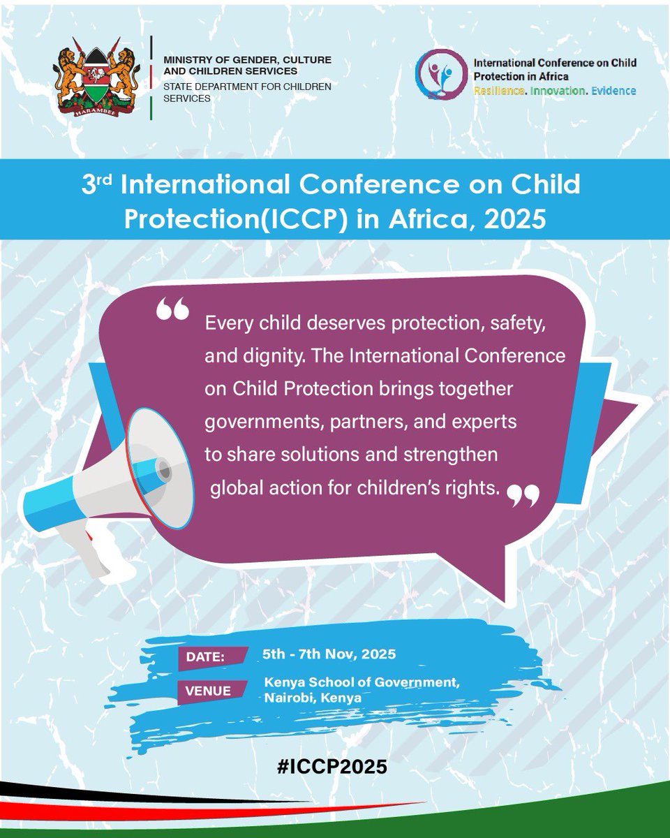 2025ICCP's tweet photo. Every child deserves protection, safety, and dignity.
The 3rd International Conference on Child Protection in Africa #ICCP2025 will unite governments, partners &amp; experts to strengthen global action for children’s rights. 

🔗 For more info &amp; registration: https://t.co/WbxL9ztwND https://t.co/PYZ81lSAph