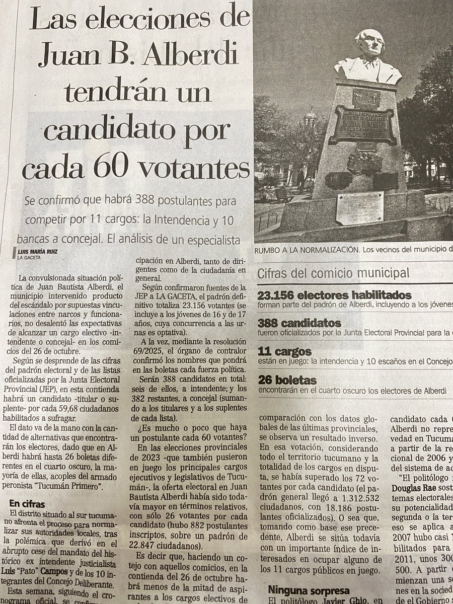 El 26 O, en el municipio J.B. Alberdi (Tucumán ) se elegirán intendente y concejales. Hay 23.156 electores y 388 candidatos (uno cada 59,7 electores). El sistema de acoples, hecho a medida del clientelismo oficialista, sigue inclinando la cancha, esta vez en homenaje a Alberdi.