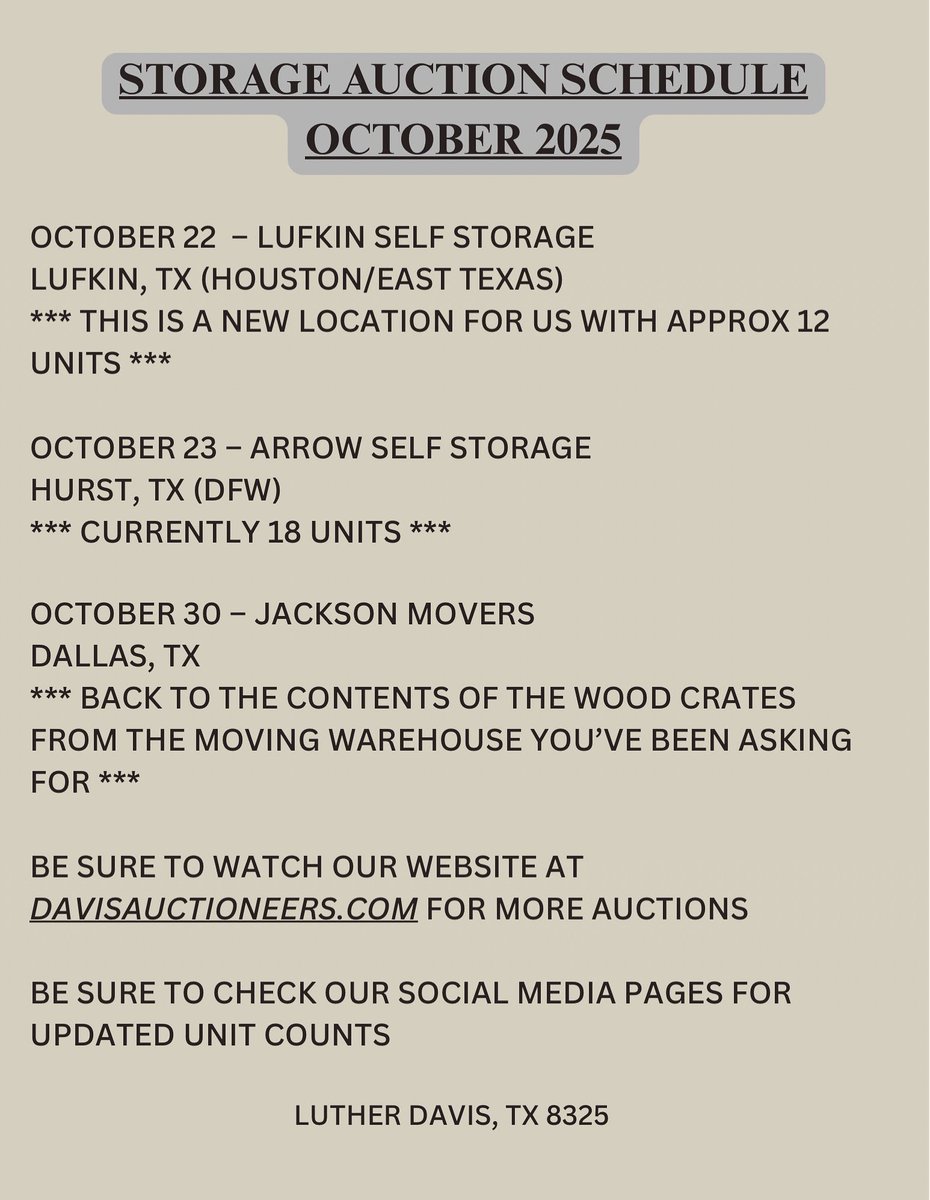 DavisAuctions's tweet photo. October live auction schedule #storageauction #liveauction #texasstorageauctions #buyatauction #octoberauction https://t.co/NKc7dQznL5