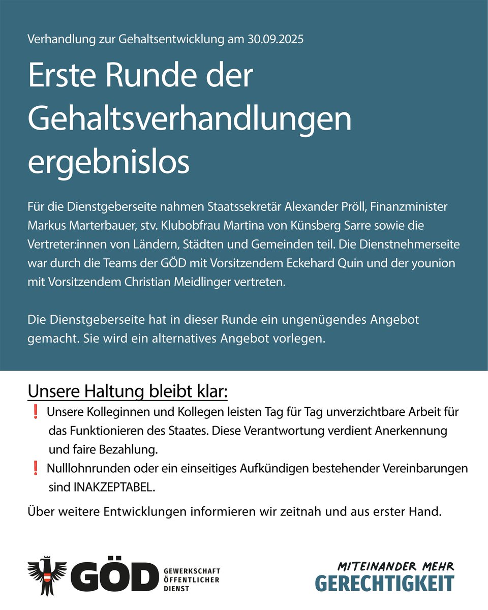 Erste Runde der Gehaltsverhandlungen ging heute ergebnislos zu Ende. Wir halten weiterhin auf dem Laufenden.