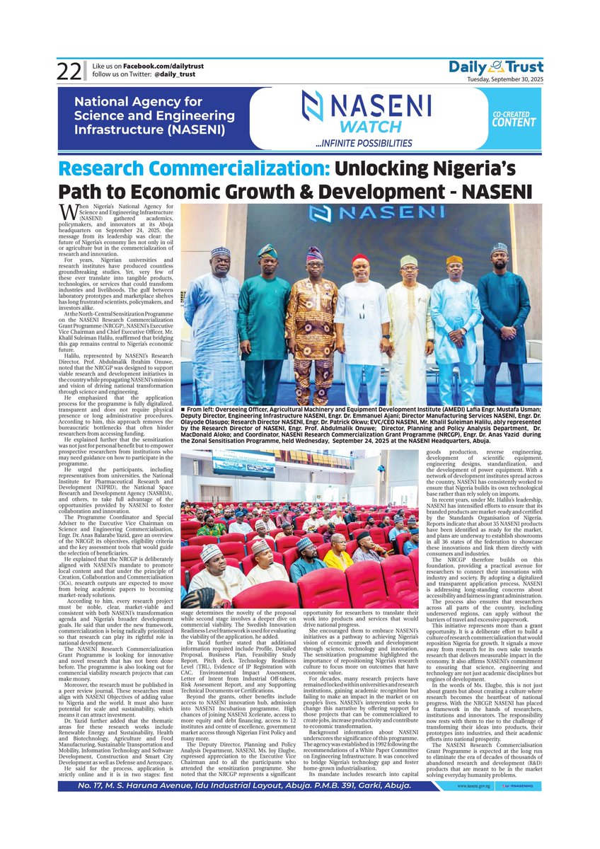 Research Commercialization: Unclocking Nigeria's Path to Economic Growth &amp; Development-NASENI 

Please read the full article here:

dailytrust.com/research-comme…