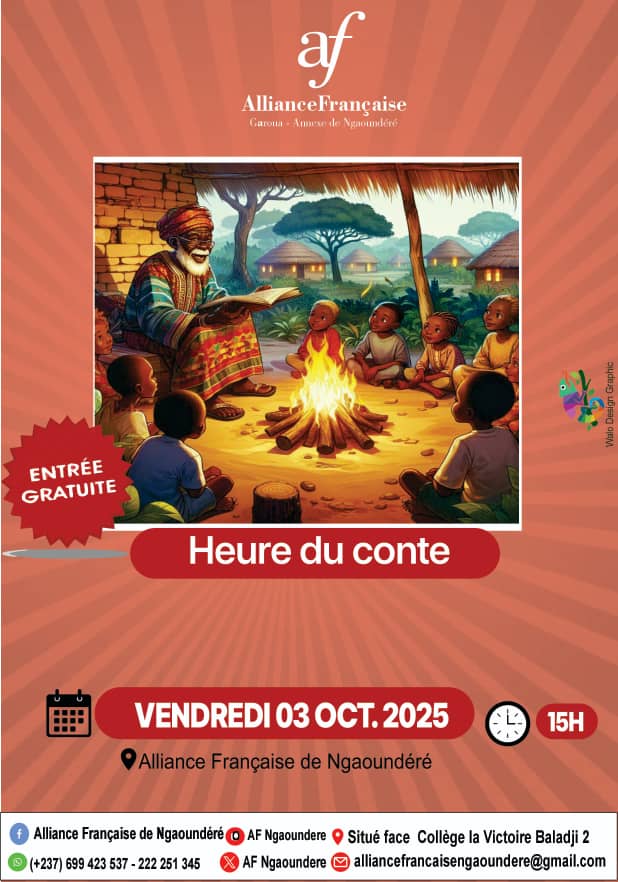 INVITATION À L'HEURE DU CONTE 🛖 🙍!!!
L'AF de Ngaoundéré invite les enfants à un après-midi magique💫 et inoubliable autour du feu de l'imagination🔥:👉l'Heure du Conte!
L'entrée est gratuite pour tous les enfants.Nous vous attendons nombreux pour s'émerveiller ensemble 🥰!
