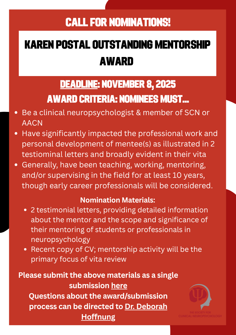 APADivision40's tweet image. Call for Nominations for the Karen Postal Outstanding Mentorship Award 2026 is now open! 

Nomination deadline: November 8. 2025

Please submit materials to theaacn.org/aacn-fall-awar…

Contact Dr. Deborah Hoffnung with any questions: Deborah.hoffnung@commonspirit.org