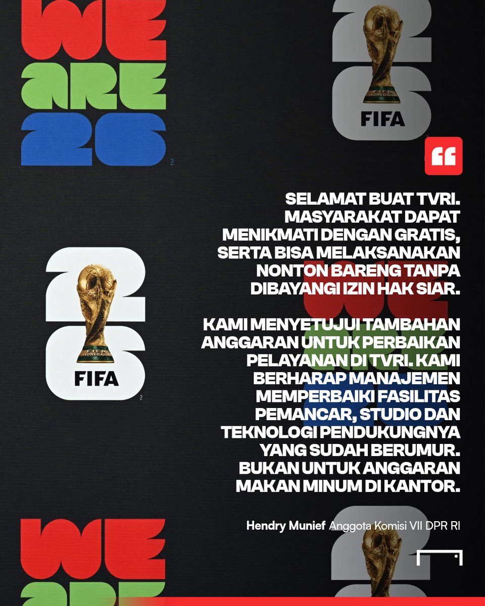 TVRI resmi jadi pemegang hak siar Piala Dunia 2026. ✅

Stasiun televisi milik pemerintah Indonesia itu akan menyiarkan 80 pertandingan Piala Dunia secara gratis di Indonesia. 🏆

Timnas Indonesia masih berjuang di ronde keempat kualifikasi zona Asia untuk lolos ke turnamen akbar