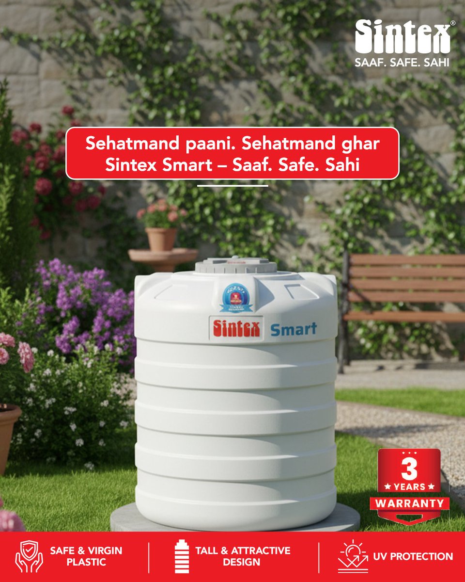 Sintex (@sintex_bapl_ltd) on Twitter photo Water keeps your home healthy, but only if it’s stored safe. Sintex Smart, made with 100% virgin plastic, protects every drop. Because pure water means a healthy home. 
#SintexTanks #SaafSafeSahi #HealthFirst #Sintex #NoMicroplastics #SintexSmart Water keeps your home healthy, but only if it’s stored safe. Sintex Smart, made with 100% virgin plastic, protects every drop. Because pure water means a healthy home. 
#SintexTanks #SaafSafeSahi #HealthFirst #Sintex #NoMicroplastics #SintexSmart