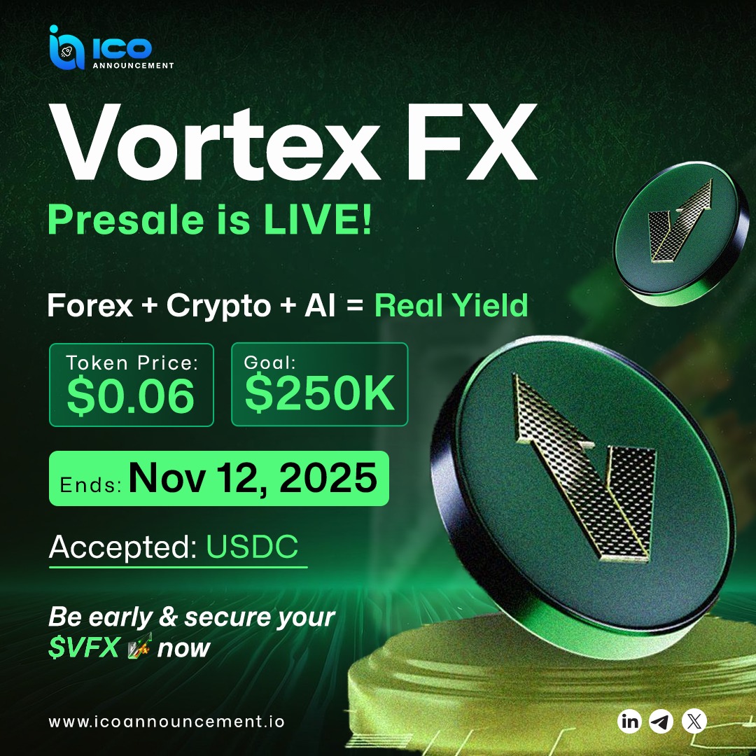 ICOAnnouncement's tweet photo. 🚀 Vortex FX ($VFX) Presale is LIVE – Forex + Crypto + AI delivering real yield! 🔥 Grab yours at $0.06 before Nov 12! 💰
Know More Visit: https://t.co/doqiHSvLV7
#VFX #VortexFX #CryptoPresale #AITrading #ForexCrypto #RealYield #PresaleAlert #DeFi #NextBigCrypto https://t.co/GlN6XeJTDJ