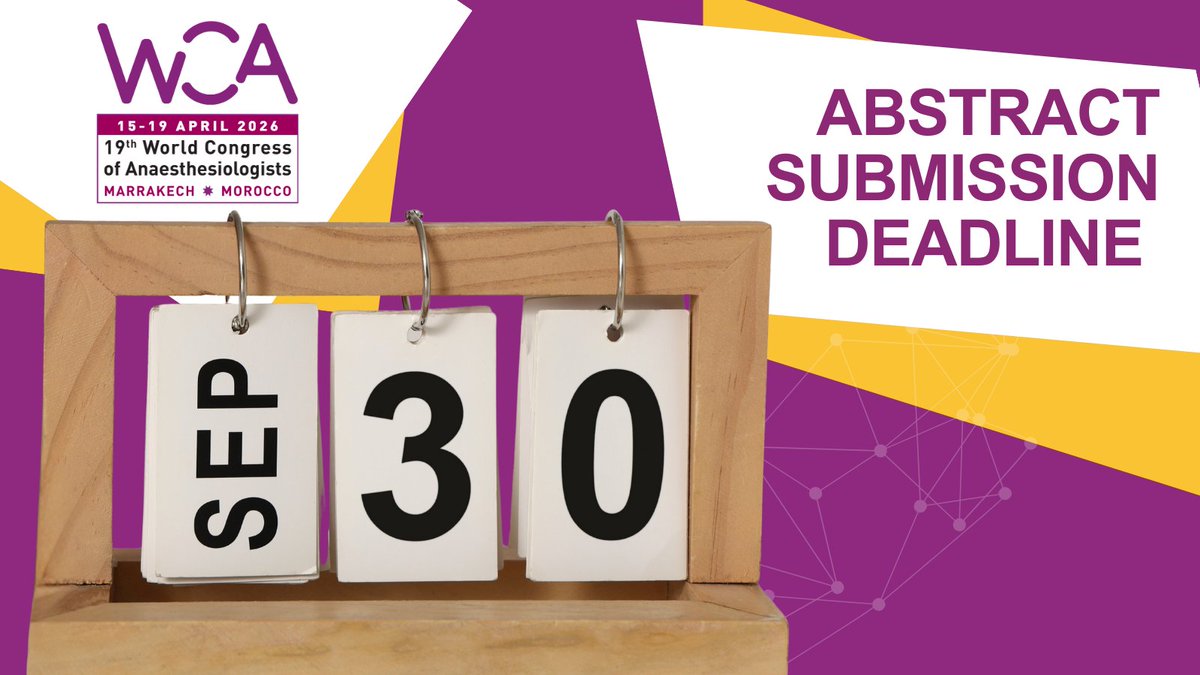 wfsawca's tweet image. Deadline day is here!

Submit your abstract for WCA2026 before 23:59 GMT+1 tonight.

Be part of a truly global programme. 1,000+ abstracts already in from over 90 countries.

📌 Submit now: wcacongress.org/abstracts/

#WCA2026 #AbstractDeadline #Anaesthesia #Research