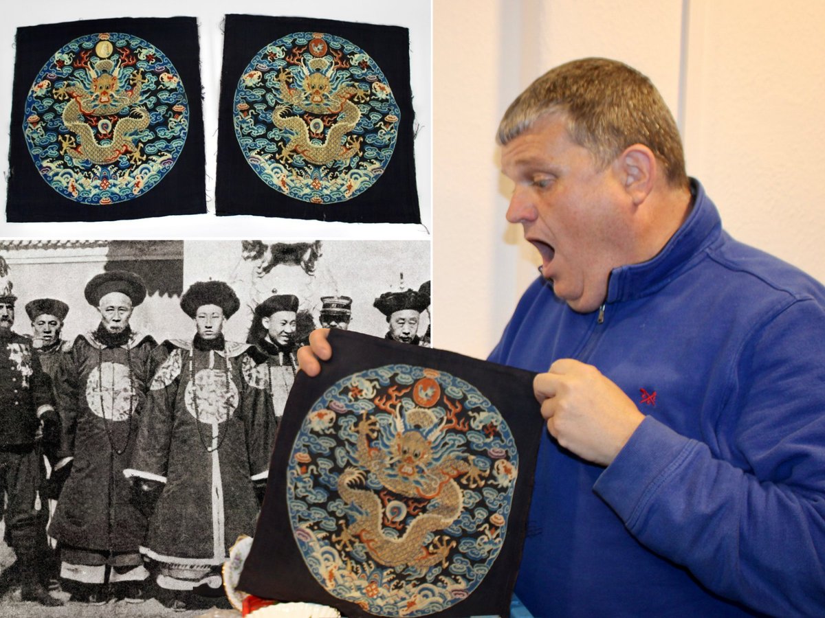 🐉From jumble sale to auction treasure!
A pair of 18th-century silk panels sold for £5,500 after being linked to a Chinese emperor’s robe. Collectors in London &amp; China battled for them before they went to Hunan Province. Full story: tinyurl.com/552dvx75

#AuctionFinds