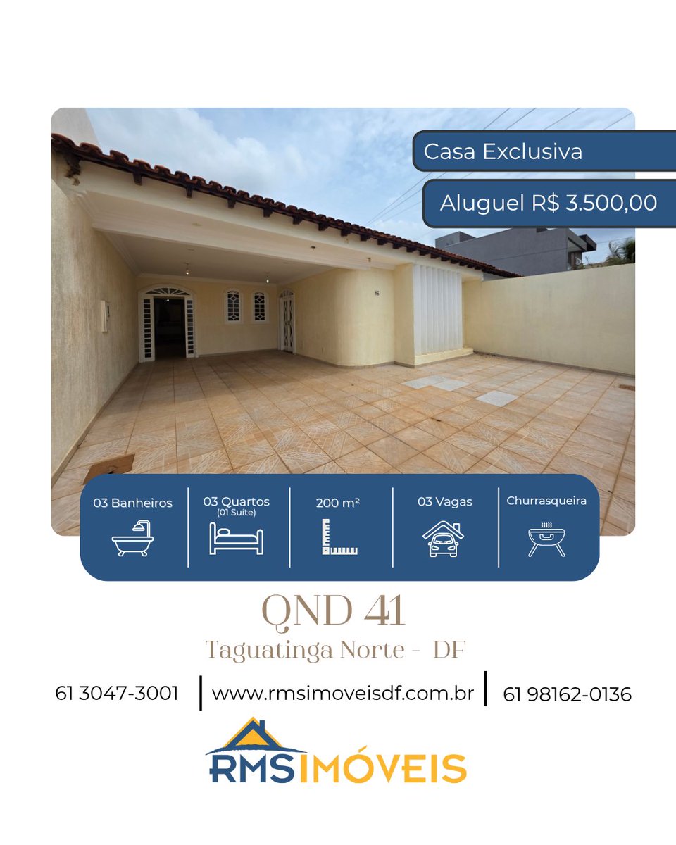 RMSimoveisdf's tweet image. Casa exclusiva, sozinha no lote na QND 41 – Taguatinga Norte! 🏡 3 quartos (1 suíte com closet), churrasqueira, garagem ampla e localização estratégica. 💰 Aluguel: R$ 3.500.
📞 61 98162-0136 | #RMSImoveis #TaguatingaNorte #AluguelDF #CasaParaAlugar #MorarBem