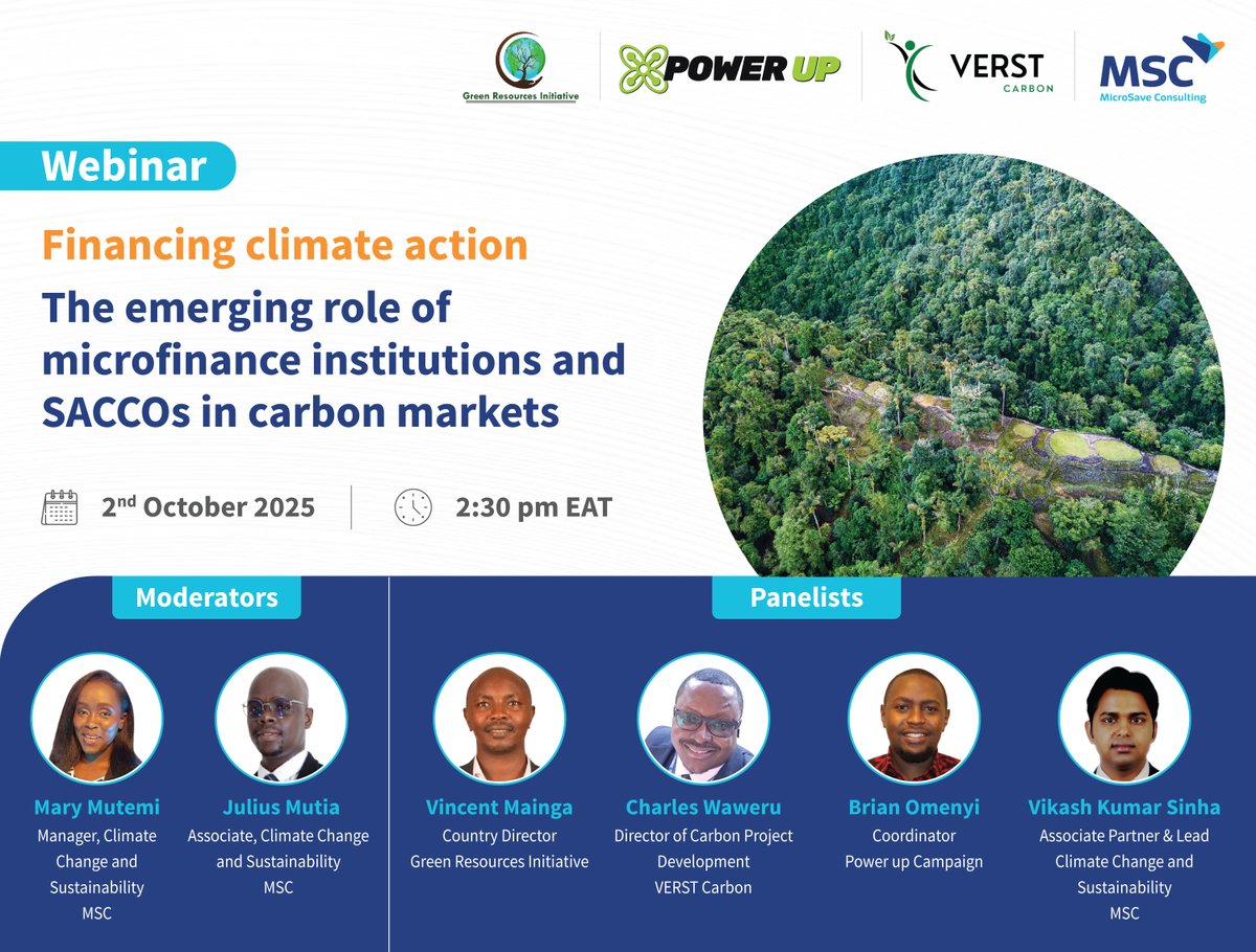 MicroSave's tweet photo. Have you registered yet?
On 2nd October 2025, MSC will host a webinar on “#FinancingClimateAction: the emerging role of microfinance institutions and SACCOs in carbon markets.”
👉 Register now: https://t.co/bcyclRdwIS to learn how #InclusiveFinance can unlock carbon markets & build resilience. Don’t miss it!