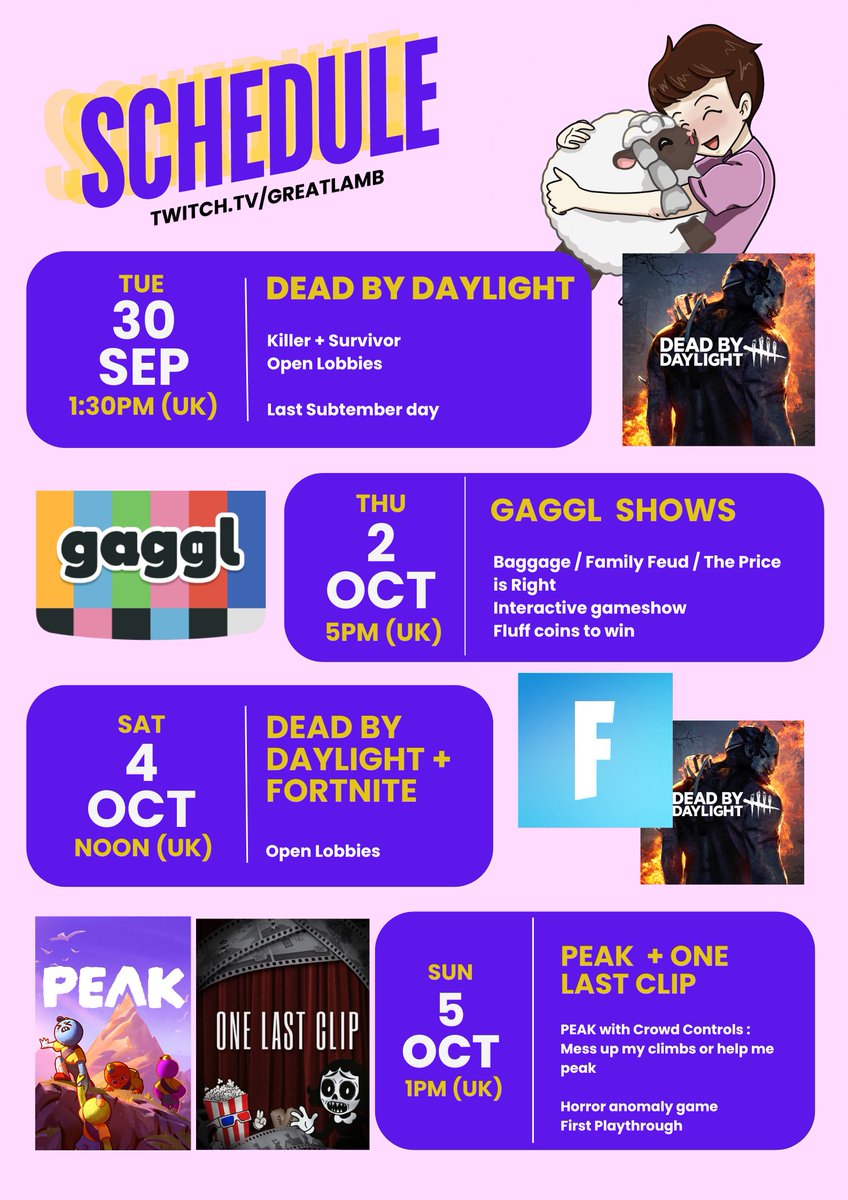Hey flockers ! 

Here's this week schedule, hours and games are subject to change as always! 💜

Loads of variety this week so hopefully you will find something you enjoy!