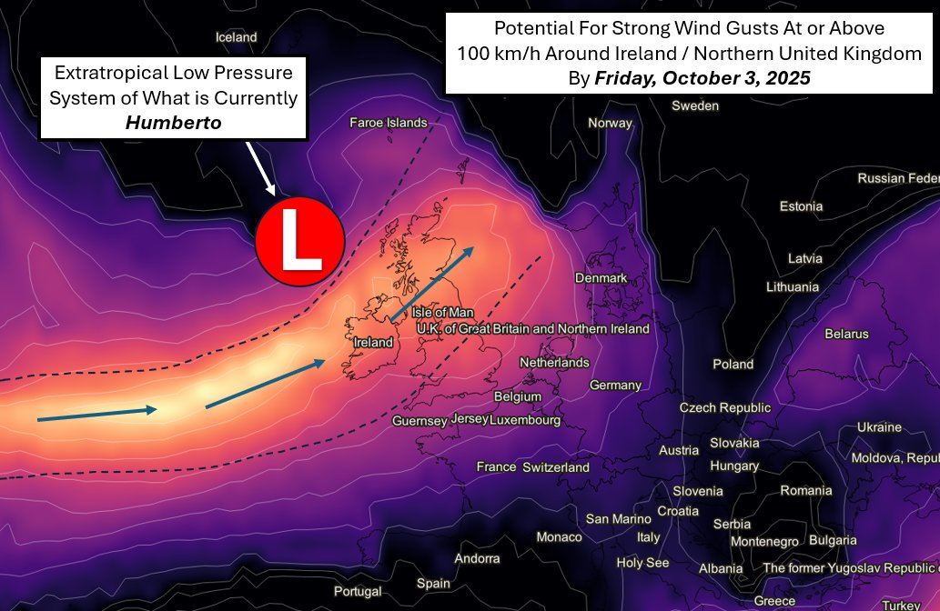 JS_Held_Weather's tweet image. 9/30/25: As Humberto makes a hard right turn over the Atlantic and evolves into an extratropical low pressure system, Ireland and the UK have an increased risk of strong winds by Friday. The potential for strong gusts of 100 km/h (61 MPH) or higher in spots is there as the system…