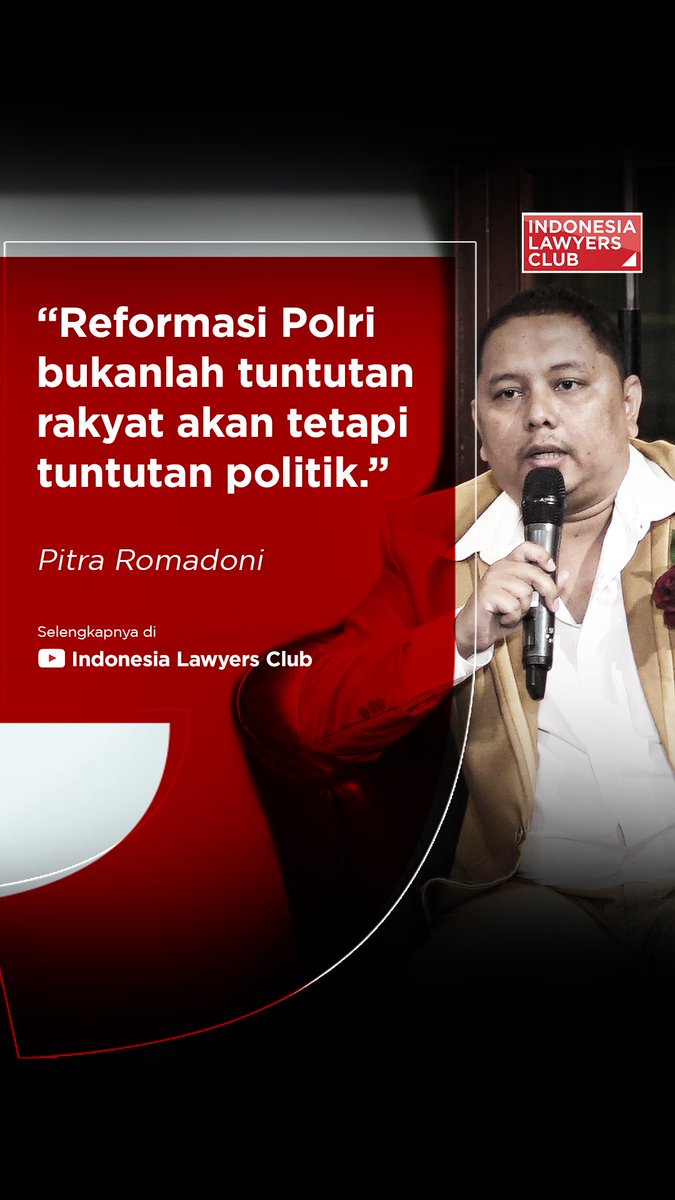 ILCTalkshow's tweet photo. “Reformasi Polri bukanlah tuntutan rakyat akan tetapi tuntutan politik.”
— Pitra Romadoni
Saksikan selengkapnya di Youtube Indonesia Lawyers Club.
https://t.co/IQRfcJbiKV

#indonesialawyersclub #ilc #karniilyas #Reformasi #Porli #Pitra https://t.co/KN6YELLtKT