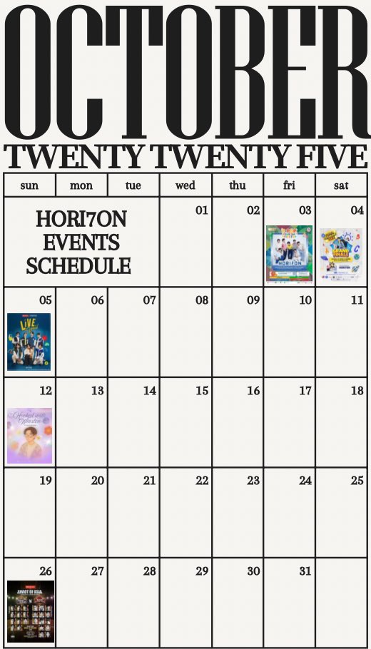 Posting some group and fan gatherings event of HORI7ON for the month of October ✨✨

Check those dates Anchor ⚓️ and let’s support our gwaPITO .

#HORI7ON #호라이즌
<a href="/HORI7ONofficial/">HORI7ONofficial</a>

note: some events may change depending on the situation. Please be updated everyone 🫶🏻