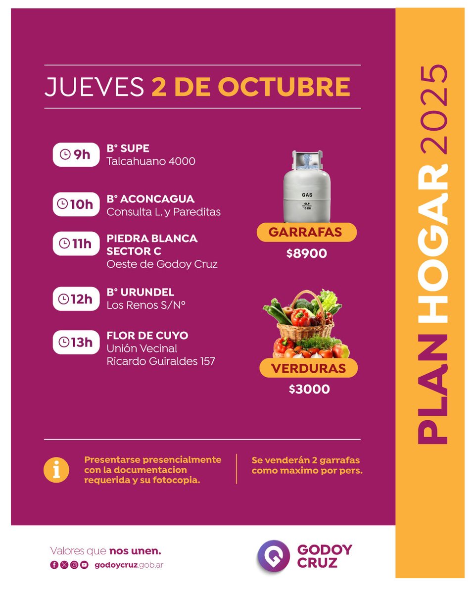 🚛 Compartimos el recorrido del programa Plan Hogar para este jueves 2/10.
📣 Atención: el valor de la garrafa es de $ 8.900 y del bolsón de verduras 🥕🥔 $ 3.000.

➡️ Conocé el cronograma completo: bit.ly/PlanHogarGC
📲  Dudas y consultas al teléfono 4429375.