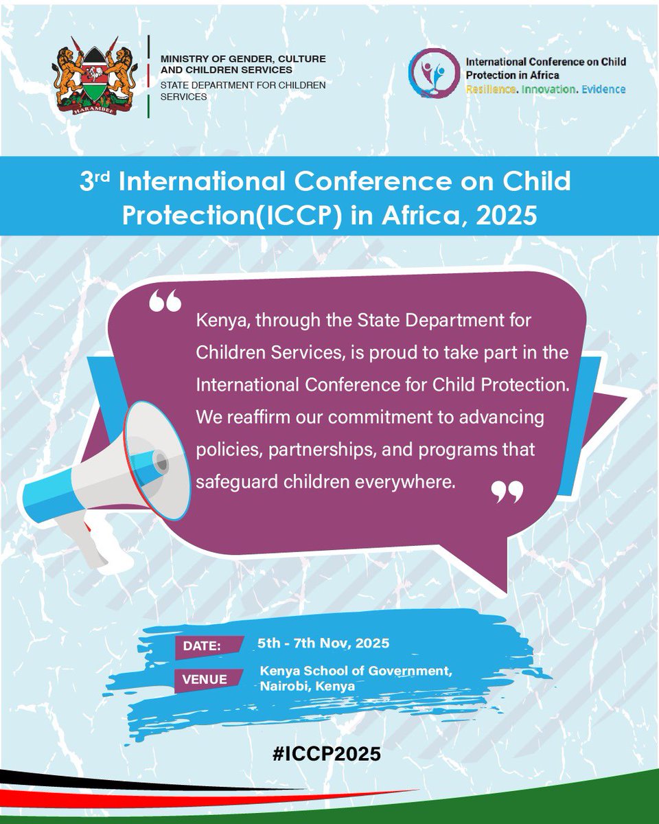 2025ICCP's tweet photo. Kenya, through the @ChildServicesKE is proud to host the 3rd International Conference for Child Protection #ICCP2025 
We reaffirm our commitment to advancing policies, partnerships, and programs that safeguard children everywhere.

#ChildProtectionandClimateChange 
#ClimateAction https://t.co/kzOtJOLGfx