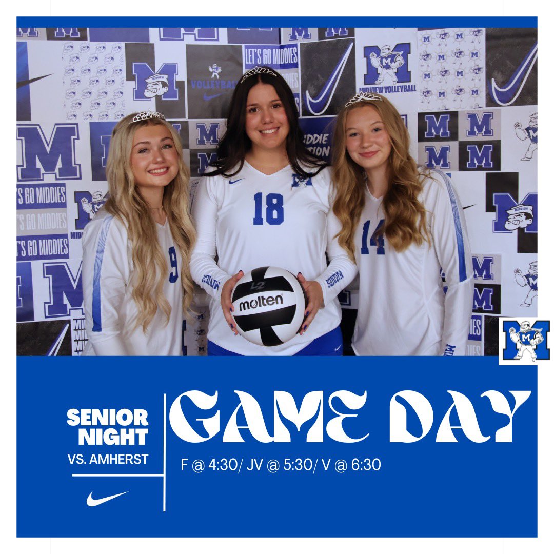 ITS SENIOR NIGHT!!!🤩
📍Home vs. Amherst
⏰ F @ 4:30/ JV @ 5:30/ V @ 6:30
🎟️ events.hometownticketing.com/boxoffice/midv…

#GoMiddies #AlwaysAMiddie