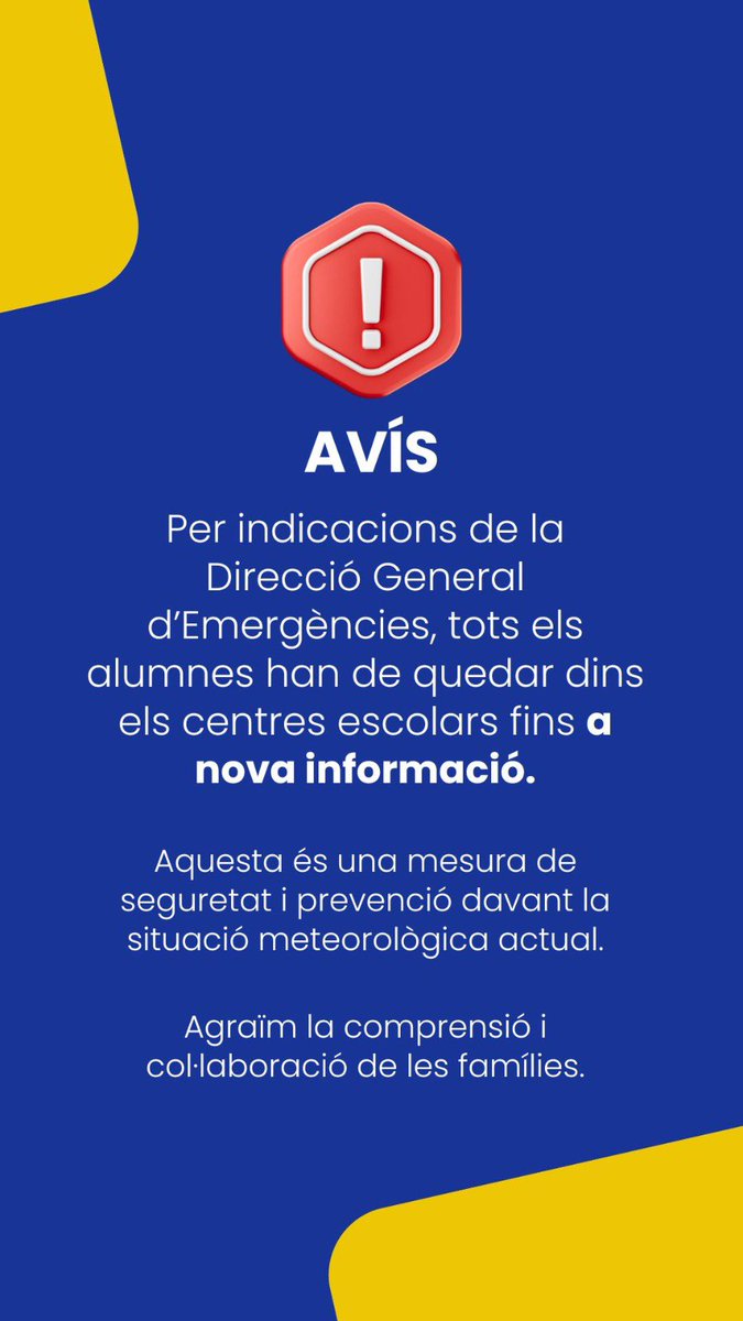 Consell_Eivissa's tweet photo. Per indicacions de la Direcció General d’Emergències, tots els alumnes han de quedar dins els centres escolars fins a nova informació.

Aquesta és una mesura de seguretat i prevenció davant la situació meteorològica actual.

Agraïm la comprensió i col·laboració de les famílies. https://t.co/txaQLmFn6b