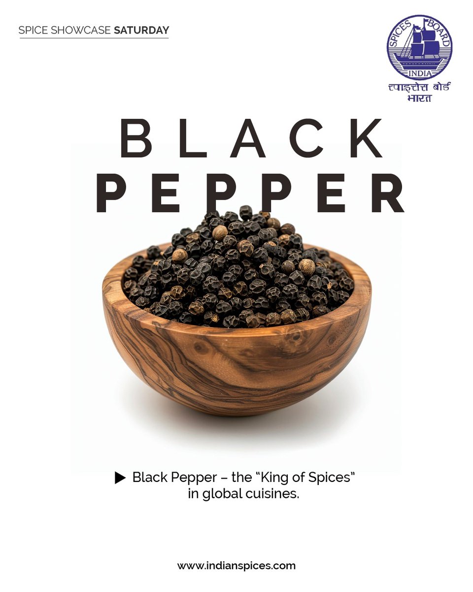 Spices_Board's tweet image. From Kerala pepper chicken to European sauces and Mediterranean salads, this versatile spice is prized worldwide for its sharp, pungent flavor and aroma that elevates every dish @DoC_GoI 
#SpiceShowcaseSaturday #BlackPepper #KingOfSpices #GlobalCuisine #SpiceWorld #FoodCulture