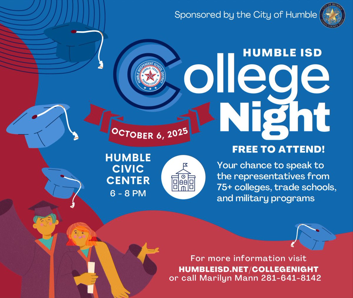 HumbleISD_ADV's tweet image. 🎓✨ Ready for life after high school?
Join us for @HumbleISD College Night - Oct. 6, 6-8 PM at the Humble Civic Center!

✅ 75+ colleges, trade schools &amp;amp; military programs
✅ Free to attend

More info 👉 humbleisd.net/collegenight

#CollegeNight25
