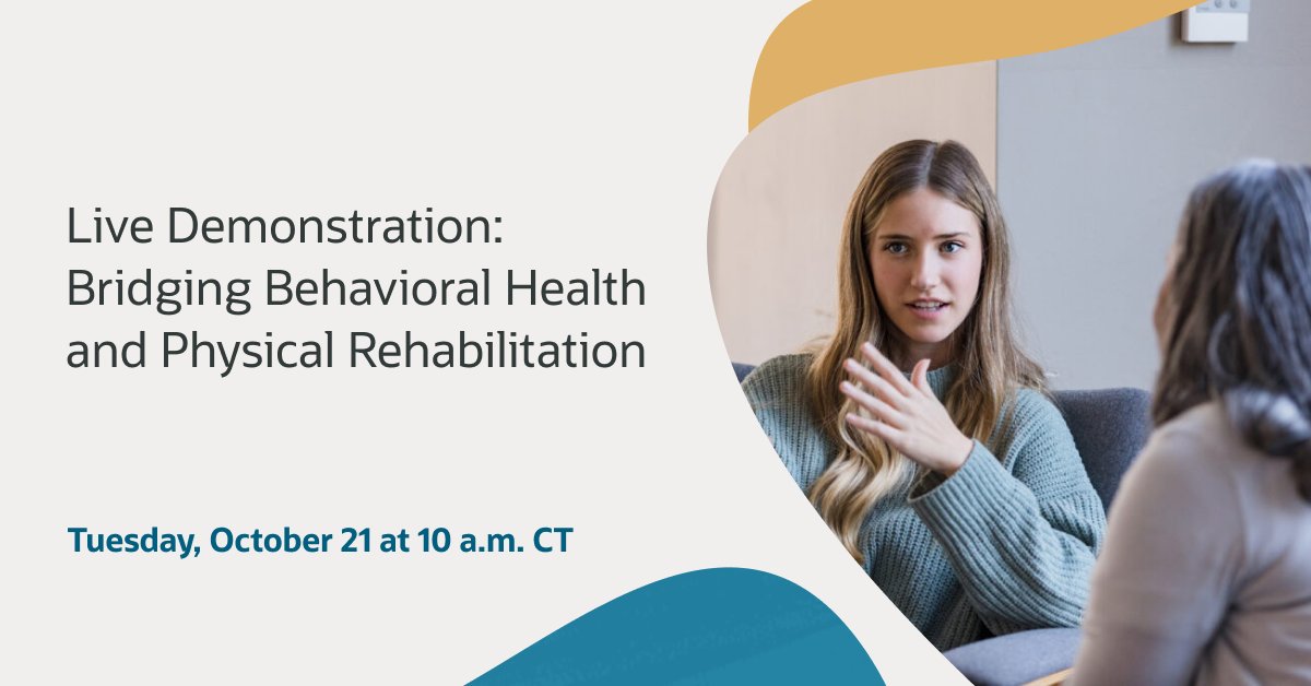 OracleHealth's tweet image. Join us for this webinar on Tuesday, October 21, where Oracle experts will explore the clinical and operational benefits of integrating behavioral health and physical rehabilitation services through a unified EHR. social.ora.cl/6019AwlSd