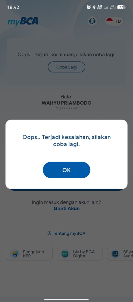 DDNGMWP's tweet photo. @HaloBCA kenapa aplikasi mybca saya di android tidak bisa di akses? https://t.co/LcnVeYNNrF