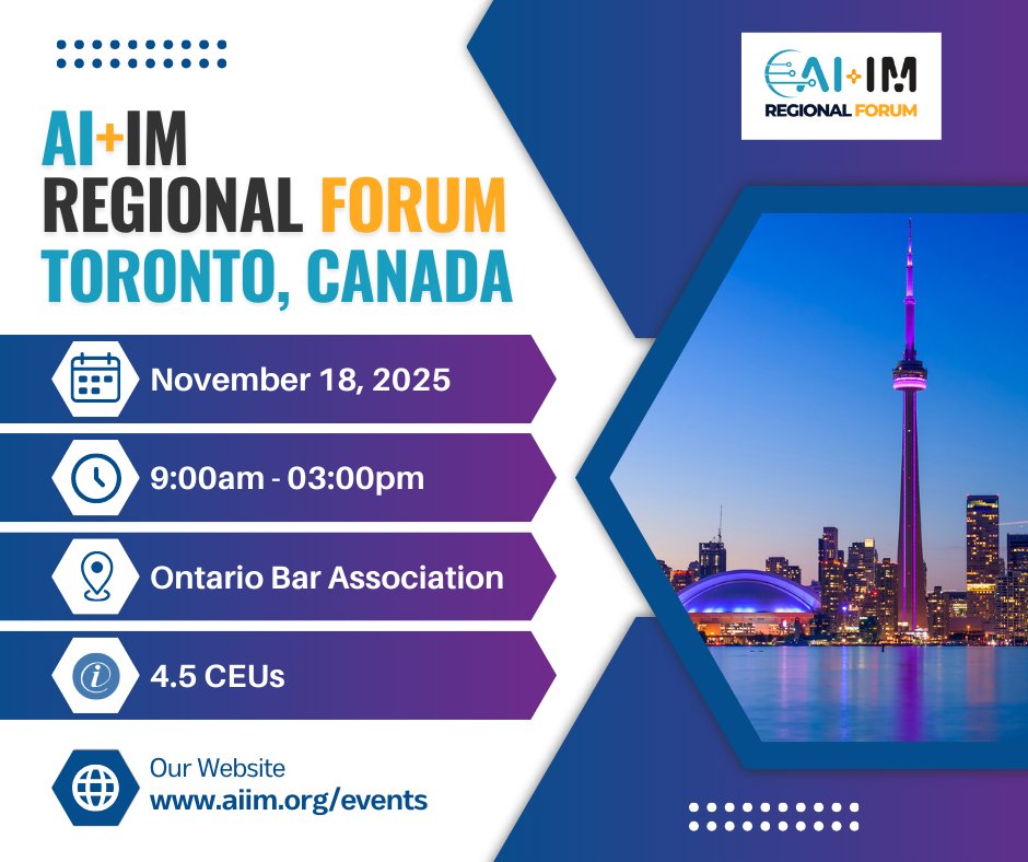 The AI+IM Regional Forum is a one-day, hands-on event where information leaders collaborate on real-world challenges and walk away with actionable solutions.

📅 Nov 18 | Ontario Bar Association
🎟 Free thanks or our Sponsors

👉 Register here: hubs.la/Q03Ld8-S0