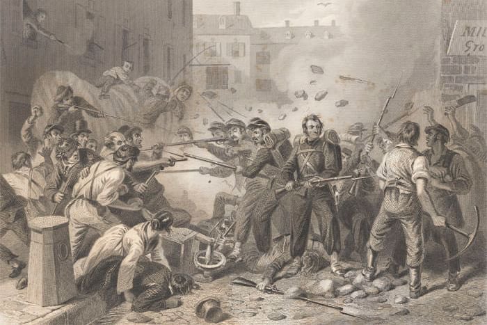 The first bloodshed of Lincoln’s war did not occur at Ft. Sumter. The Pratt Street Riot, in Baltimore Maryland between civilian anti-war secessionists and Union troops happened on April 19, 1861. 

On their way to defend Washington, the 6th Massachusetts Militia passed through