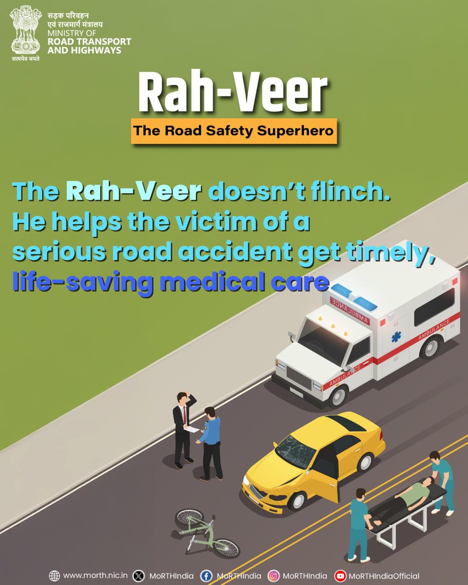 In the event of a serious road accident, taking prompt action—such as calling emergency services or rushing the victim to the nearest hospital—is the key to saving a precious life.

#RahVeer #RoadSafetySuperhero #GoodSamaritan #HeroesOnRoad