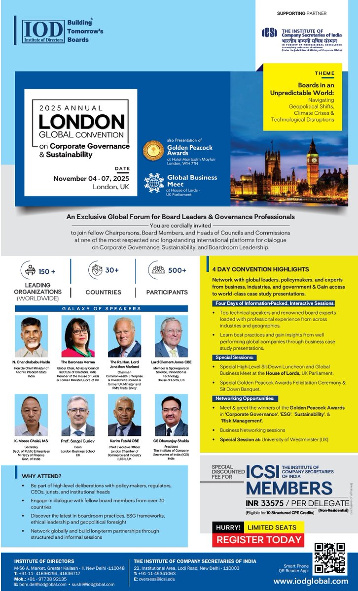 icsi_cs's tweet image. #ICSI partners with #IOD for 2025 #LondonGlobalConvention on #CorporateGovernance and #Sustainability on November 4-7, 2025. Register @ iodglobal.com @iodglobal