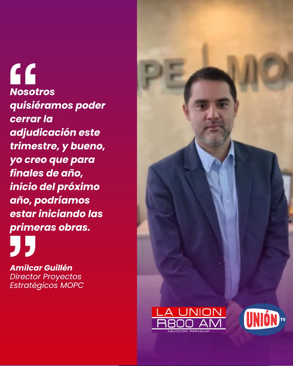 Guillén adelantó que esperan cerrar la adjudicación del hospital de Asunción en este trimestre.
🗣️“A finales de año o inicios del próximo, podríamos estar iniciando las primeras obras”, señaló.
📌El proyecto se ejecutará bajo la modalidad de alianza público-privada con cierre
