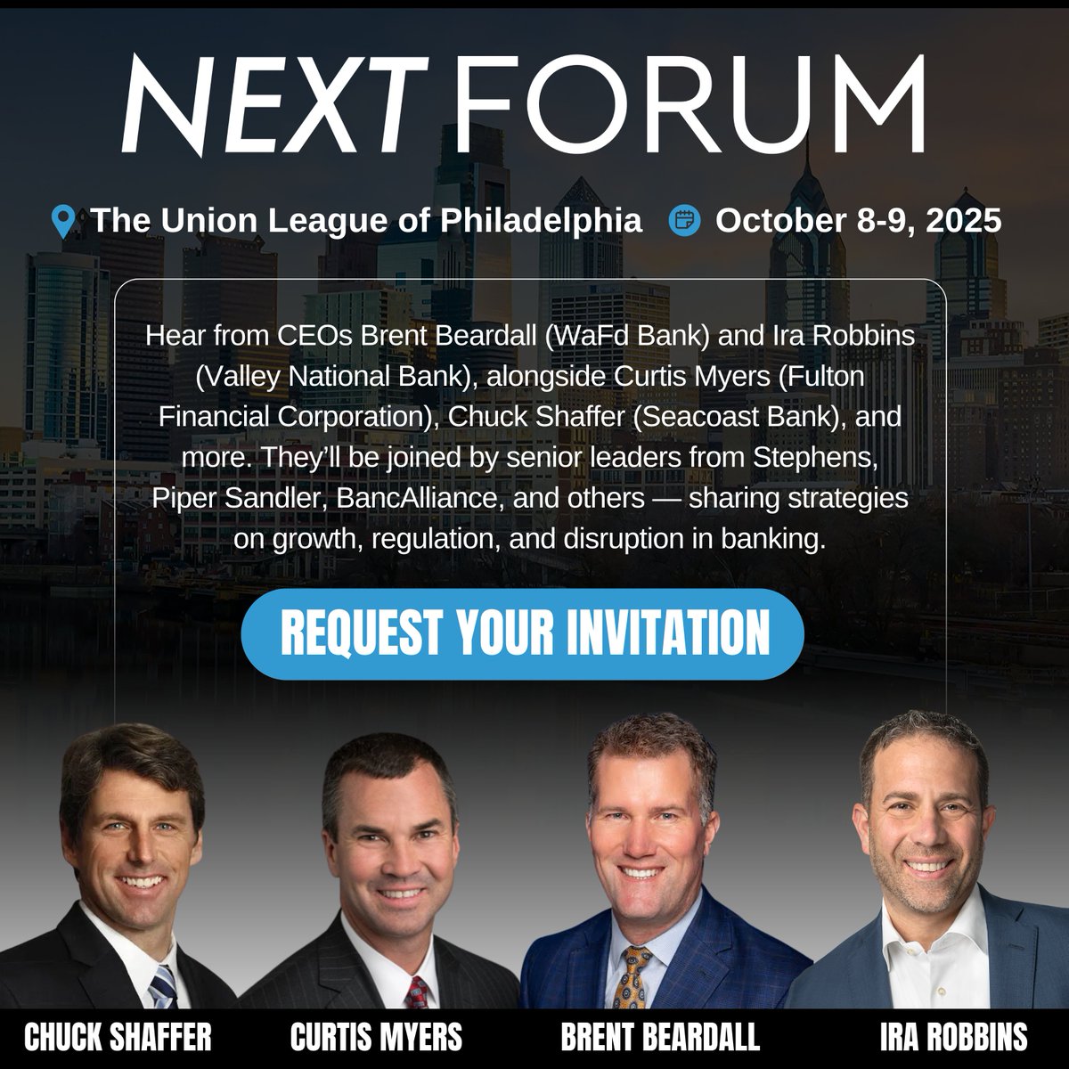 Travillian (@travilliangroup) on Twitter photo NEXT Forum brings top banking leaders, investors & innovators to The Union League of Philadelphia Oct 8-9.
Fireside chats on M&A, strategy, talent & more. 
Request your invitation ๐ thenextforum.com/contact NEXT Forum brings top banking leaders, investors & innovators to The Union League of Philadelphia Oct 8-9.
Fireside chats on M&A, strategy, talent & more. 
Request your invitation ๐ thenextforum.com/contact
