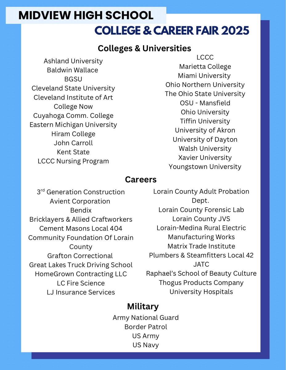 MidviewCnslrs's tweet image. College &amp;amp; Career Fair 2025 🛠️ 🏫

The 2025 College &amp;amp; Career Fair will be held on Thursday, October 16th in the K Gym! There will be 50 college and career representatives at MHS. We encourage students to check out as many tables as possible and talk to reps!