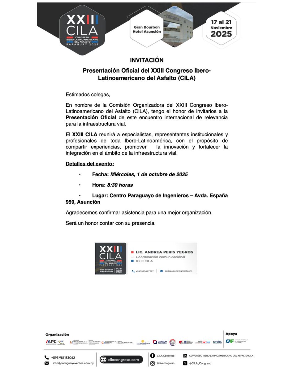 CILA_Congreso's tweet image. 🇵🇾 Presentación Oficial del #XXIIICILA mañana.
Paraguay está listo para recibir la cumbre que definirá el futuro vial de Ibero-Latinoamérica. APOYA @AgendaCAF
🗓️ Fecha: Miércoles, 1 de octubre
⏰ Hora: 8:30 horas
📍 Lugar: @cpi2019 , Asunción
cilacongreso.com
