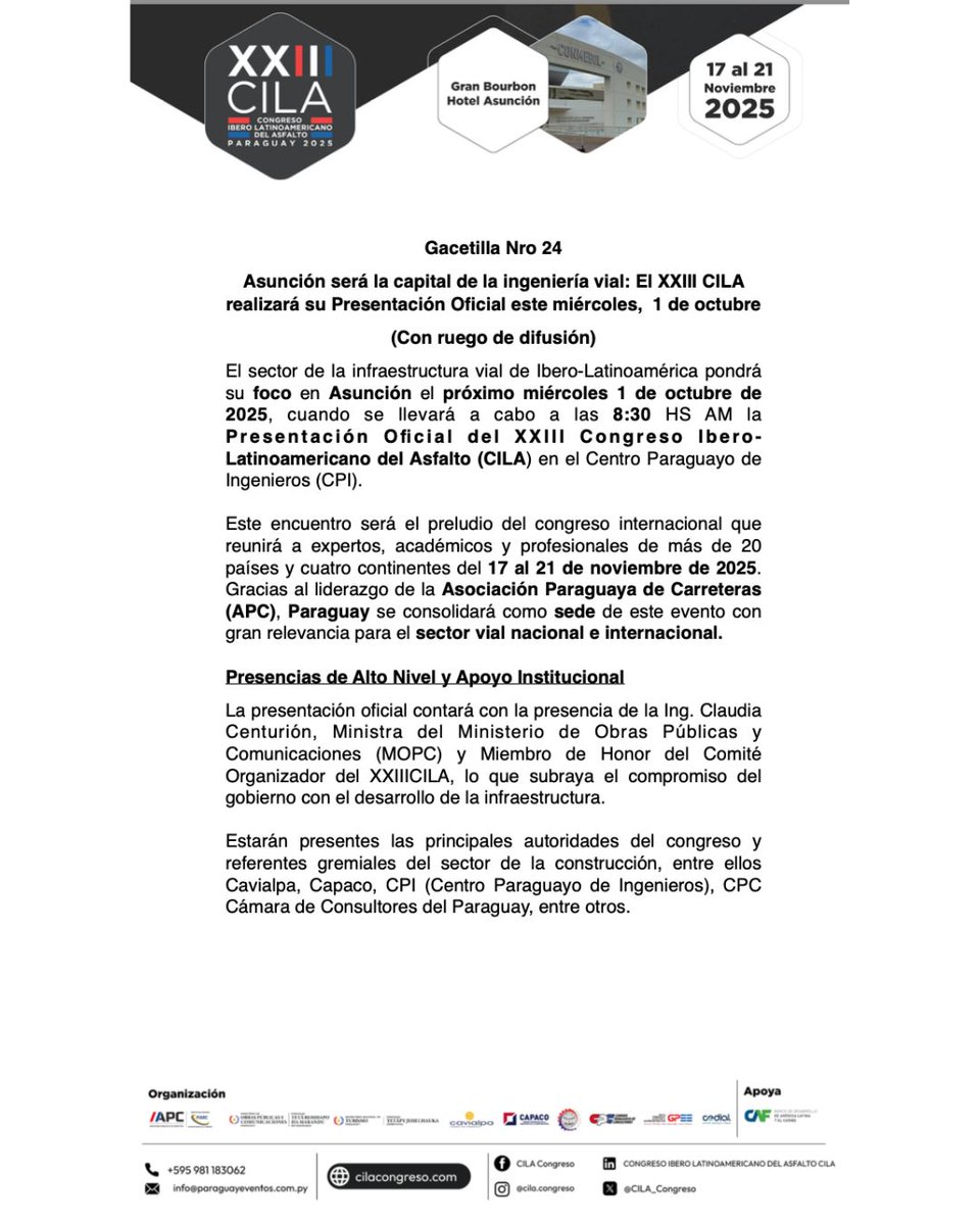 CILA_Congreso's tweet image. 🇵🇾 Presentación Oficial del #XXIIICILA mañana.
Paraguay está listo para recibir la cumbre que definirá el futuro vial de Ibero-Latinoamérica. APOYA @AgendaCAF
🗓️ Fecha: Miércoles, 1 de octubre
⏰ Hora: 8:30 horas
📍 Lugar: @cpi2019 , Asunción
cilacongreso.com