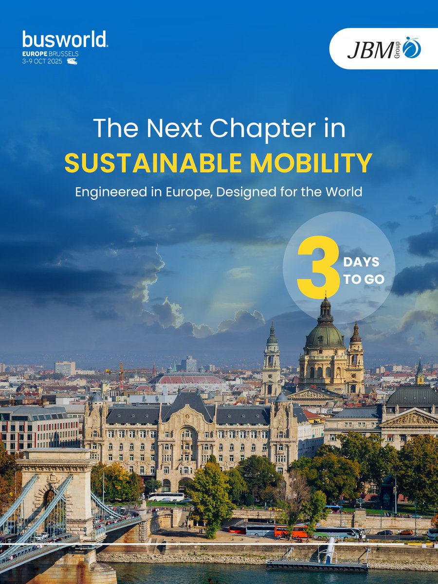 3 days to go! Join us at #BusworldEurope 2025, Brussels, as we unveil European-engineered solutions redefining mobility through sustainability, technology, and smarter journeys.”

#JBMGroup #FutureOfMobility #SustainableTransport #Busworld2025