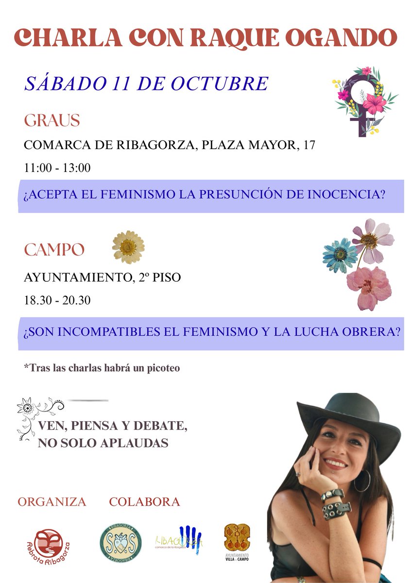 En Rebrota Ribagorza iniciamos el curso con dos nuevos coloquios con...

🌟¡ <a href="/raqueogando/">Raque</a> !, divulgadora e influencer feminista

🔎Raque abordará dos preguntas: "¿Acepta el feminismo la presunción de inocencia? " y "¿Son incompatibles el feminismo y la lucha obrera?"

¡No faltes!