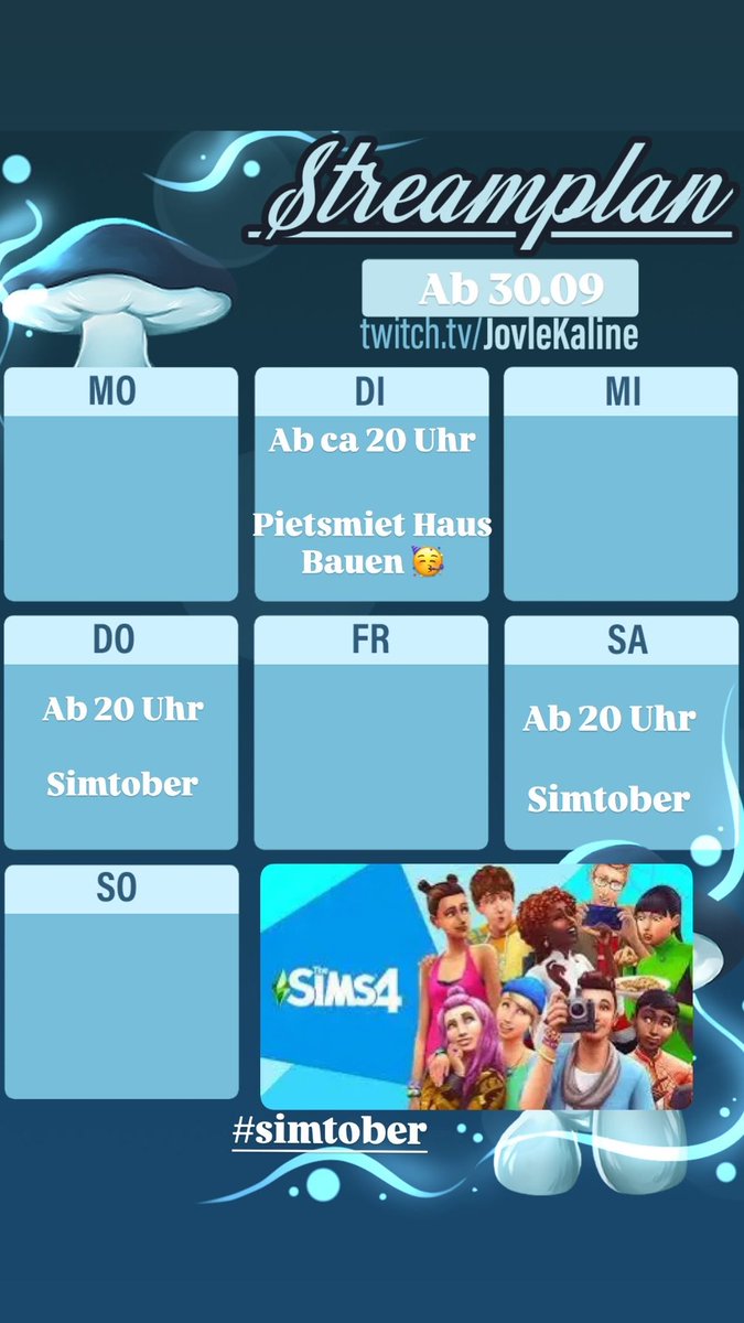Neue Woche - neuer Streamplan!! 

Wir starten bald in den community Simtober und lassen eure Sim in unsere Welt einziehen 🤍 ich freu mich so sehr den ganzen Oktober mit euch zu spielen 😬