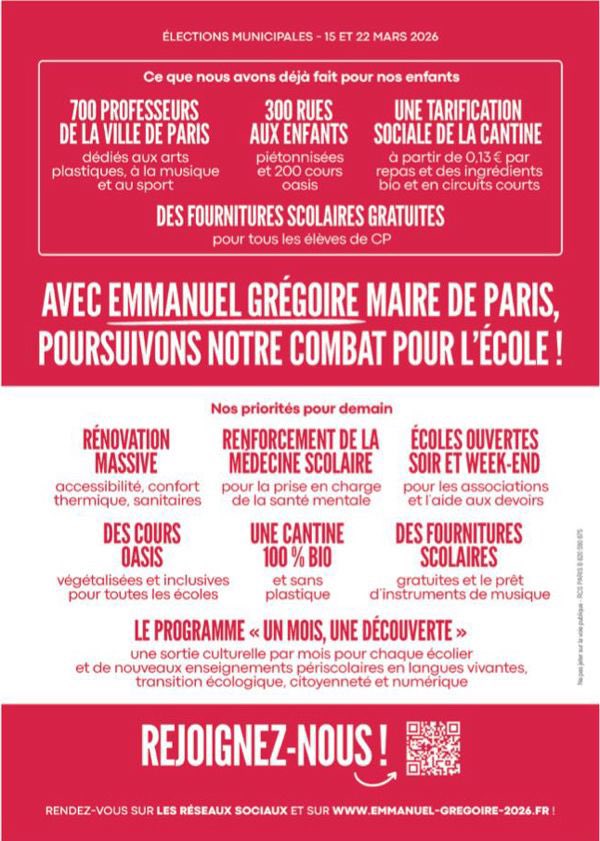 <a href="/egregoire/">Emmanuel Grégoire</a> sera le Maire de Paris qui prendra soin des familles, des enfants et de nos écoles ! 

Nous étions ce matin devant les écoles de #Paris13 pour présenter ses premières propositions #Gregoire2026 🙂⤵️