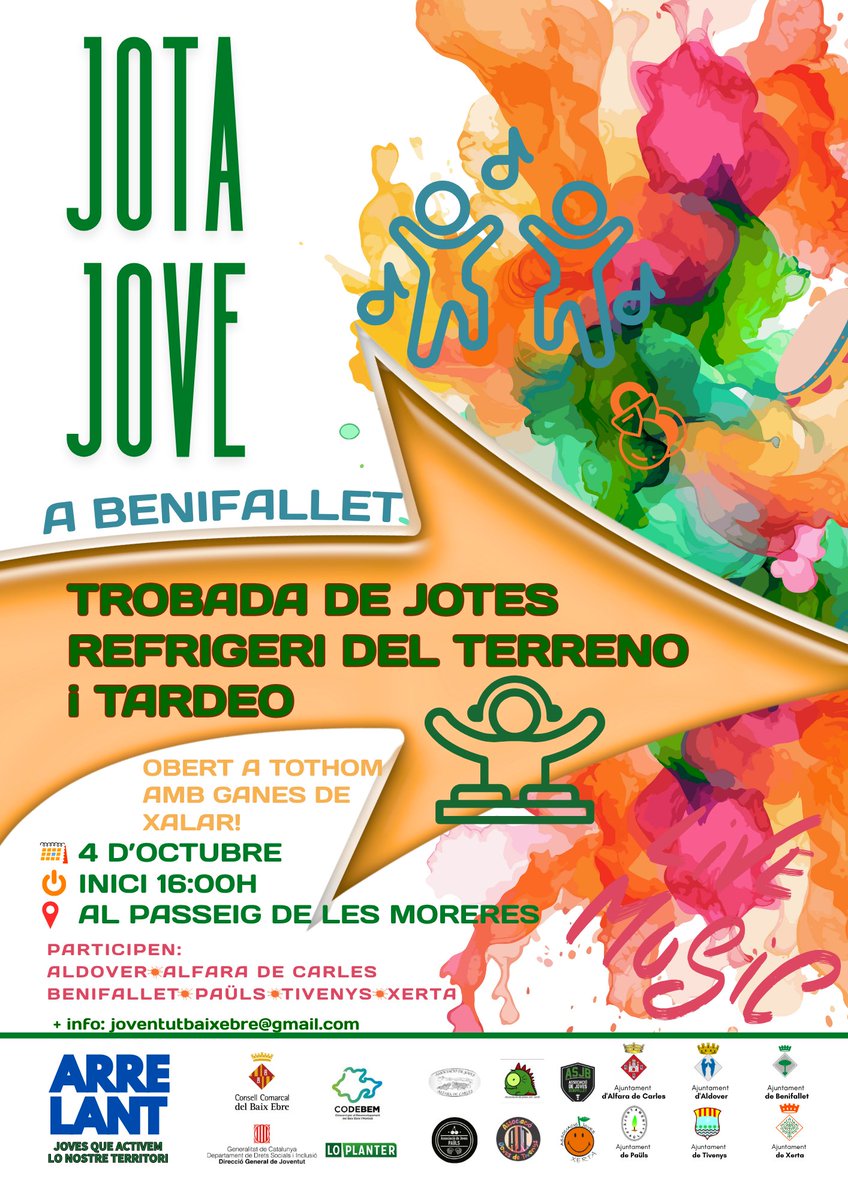 Este cap de setmana... la JOTA sona fort a Benifallet!
💃 JOTA JOVE arriba este 4 d’octubre al passeig de les Moreres, a les 16:0h!

Amb la participació de grups de jotes d' <a href="/Aj_Aldover/">Ajuntament d'Aldover</a>, Alfara de Carles, <a href="/Benifallet/">Benifallet</a> , Paüls, <a href="/ATivenys/">Ajuntament de Tivenys</a> i Xerta.
Vine a viure-la, vine a ballar-la!